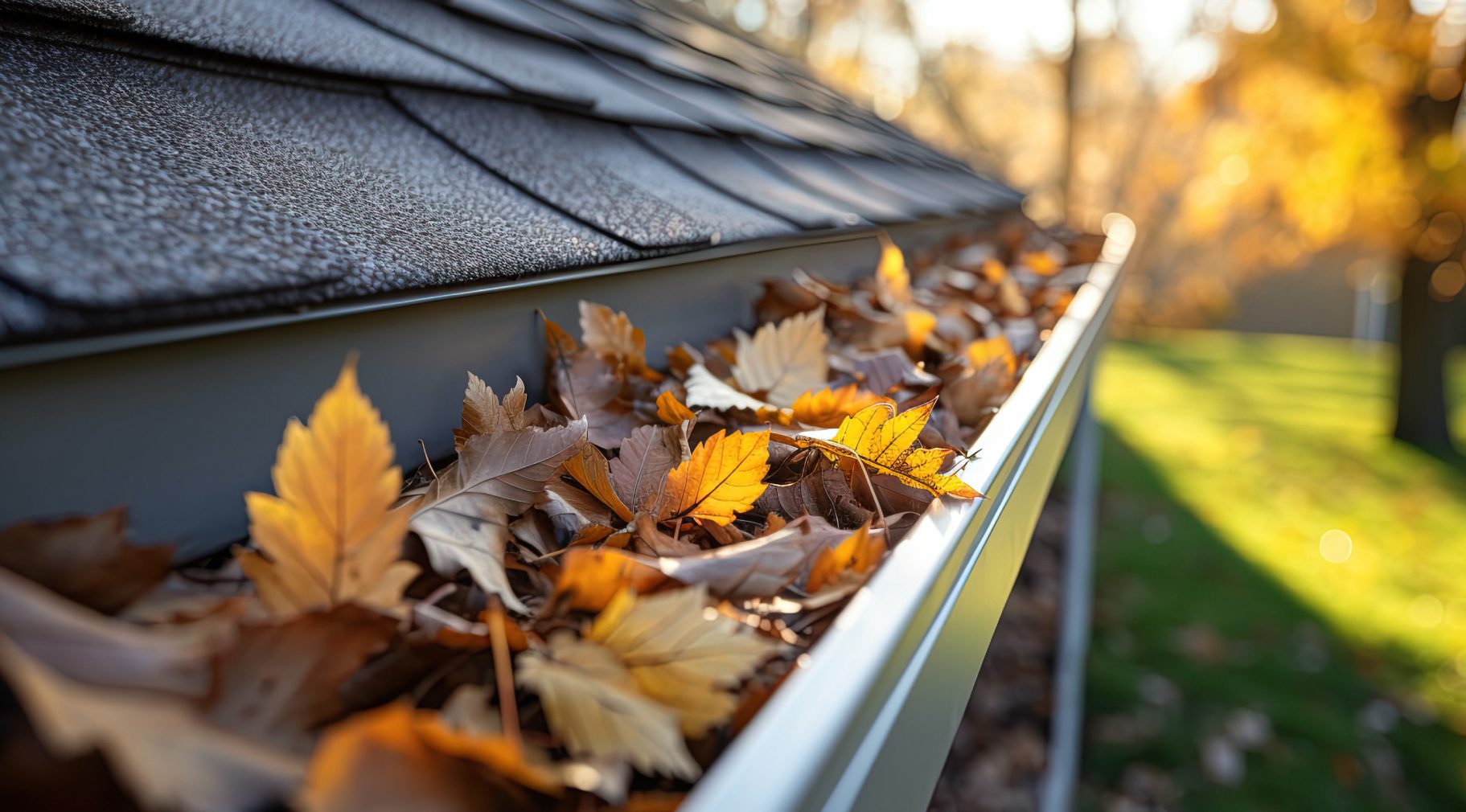 close up of leaf filled gutters - LoonShine Exterior Cleaning Services