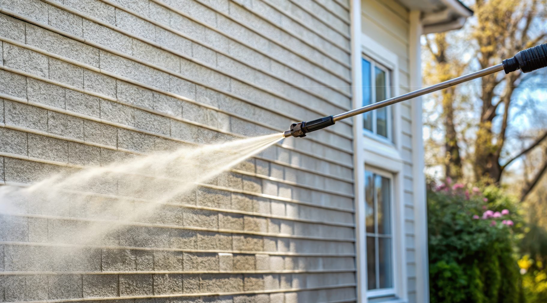 person using a power washer on siding - LoonShine Exterior Cleaning Services
