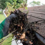 person wearing a green glove scooping out leaves from a gutter - LoonShine Exterior Services reliable home exterior maintenance in Maple Grove and Plymouth