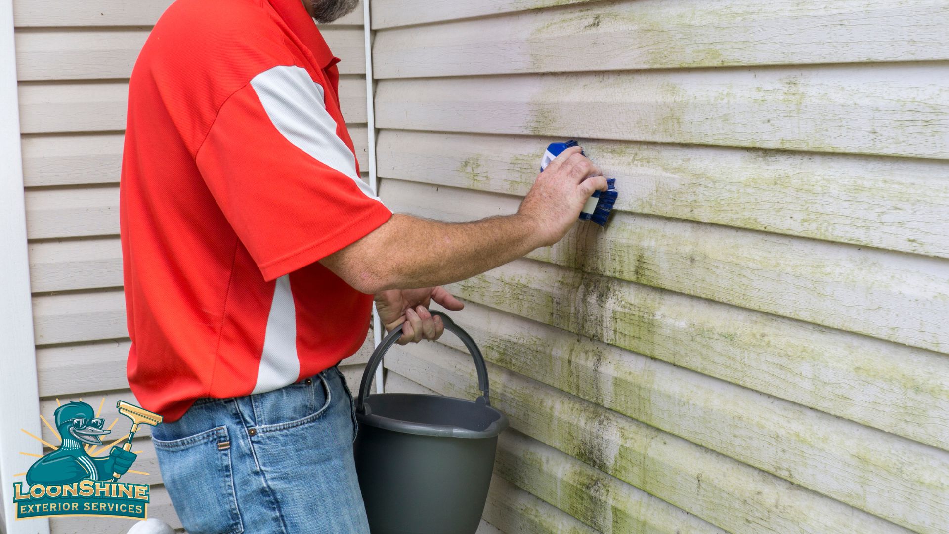 man using a brush to wash vinyl siding - LoonShine Exterior Services safe siding cleaning methods